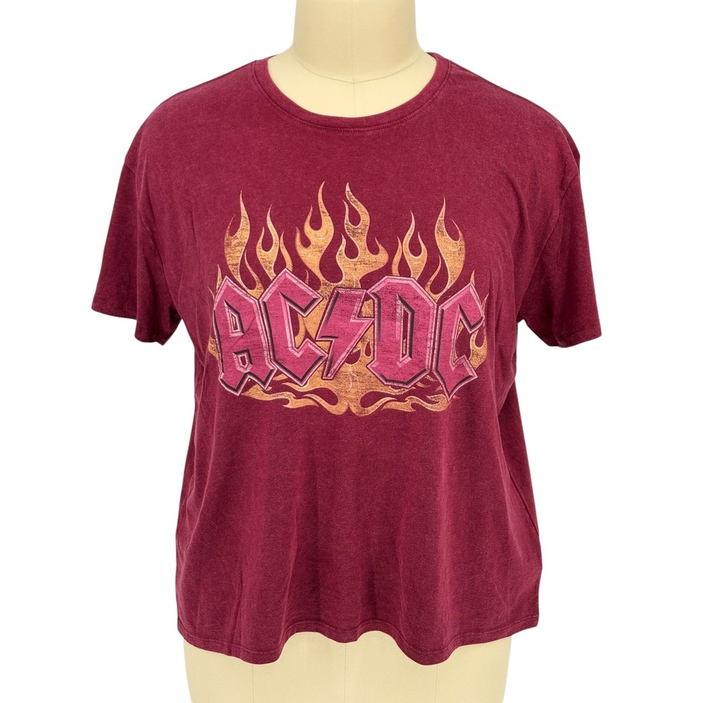 Time and Tru AC/DC Graphic T-Shirt Burgundy Flame Logo‎ Size XXL